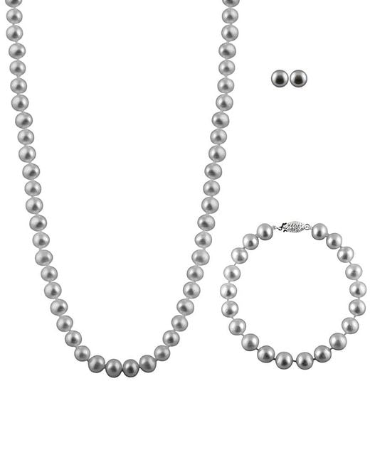 Splendid Metallic Silver 7-7.5mm Freshwater Pearl Bracelet, Earrings, & Necklace Set for men