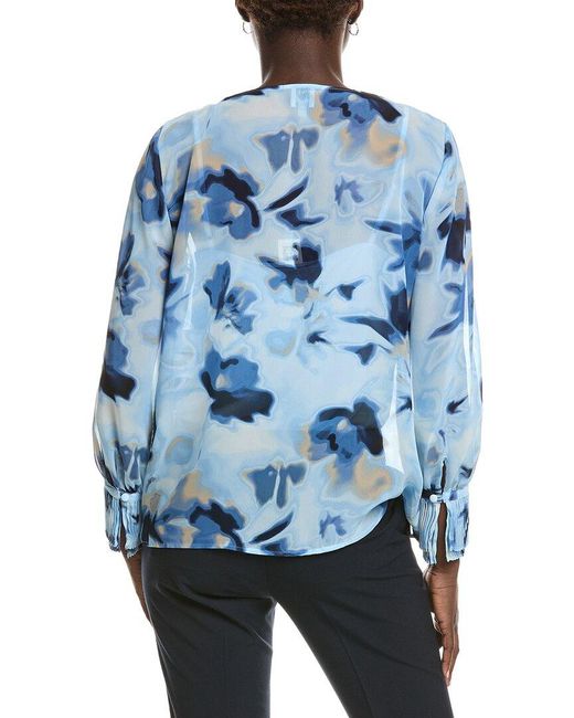 Anne Klein Blue Printed Chiffon Pleated Cuff Shirt
