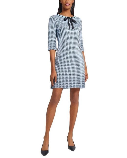 Ming Wang Blue Tweed Knit Sheath Dress With Crochet Ribbon Trim