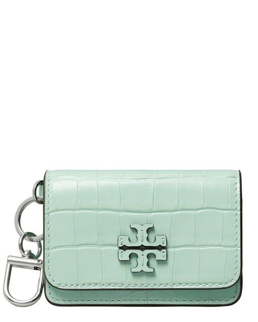 Tory Burch Green Thea Embossed Flap Leather Card Case