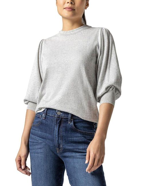 Lilla P Gray Rib Trim Puff Sleeve Linen-blend Sweater