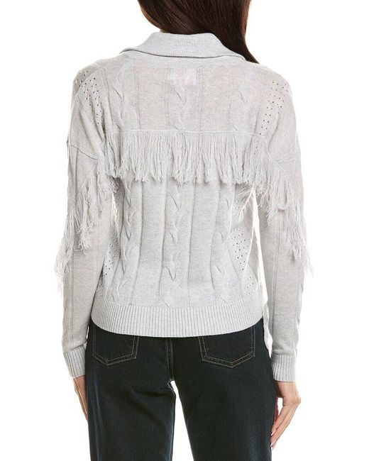 Brodie Cashmere Gray Cable Fringe Wool & Cashmere-Blend Polo Sweater