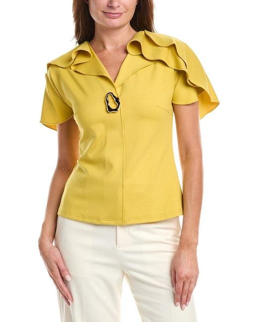 Gracia Yellow Ruffled Neck & Sleeve Brooch Detail Top