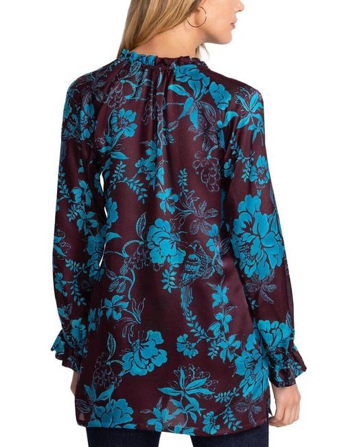 Johnny Was Blue Ruffle Field Silk-Blend Tunic Blouse