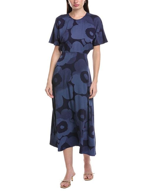 Marimekko Blue Helea Akvarelli Unikko Midi Dress