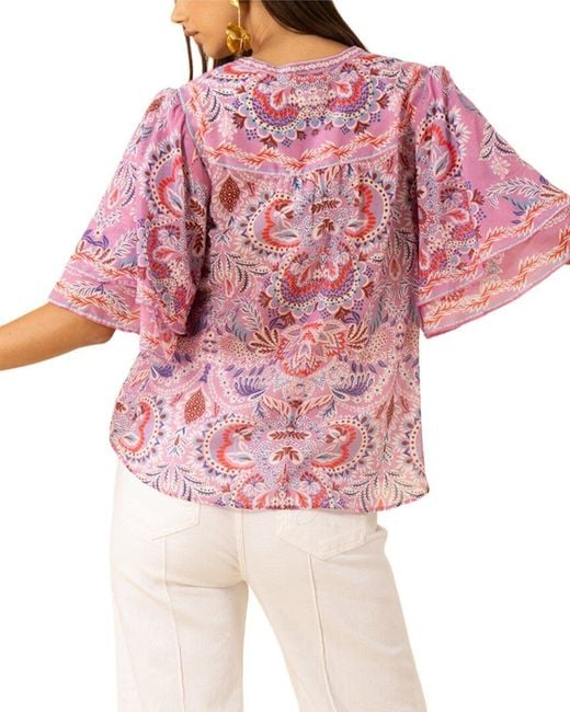 Hale Bob Red Braelyn Short Sleeve Silk-Blend Top