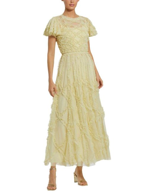Mac Duggal Yellow Flutter Sleeve Mesh Micro Ruffle Maxi Dress