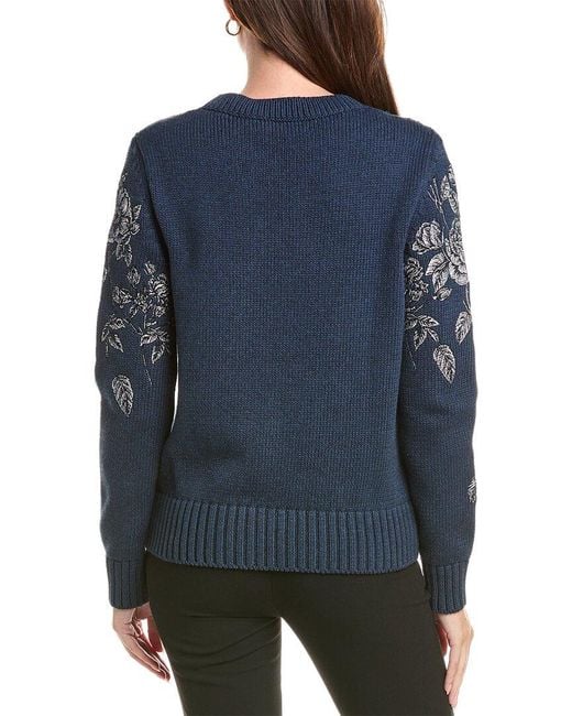 Oscar de la Renta Blue Roses Embroidered Sweater