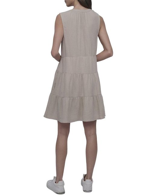 DKNY Gray Double Crepe Gauze Tiered Dress