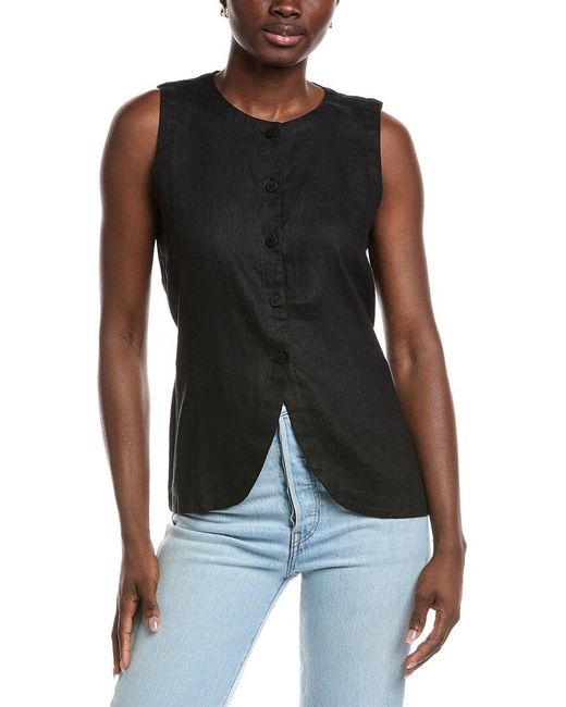Eileen Fisher Black Petite Round Neck Linen Long Vest