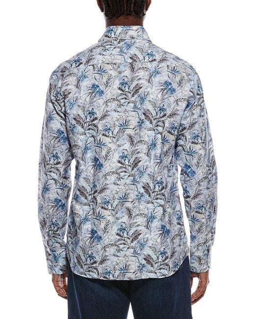 Eterna Blue Soft Printed Twill Modern Fit Linen-Blend Shirt for men