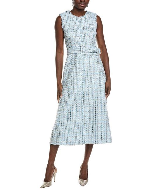 Anne Klein Blue Fringed Tweed Midi Dress