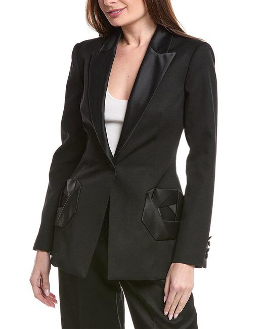 Oscar de la Renta Black Peplum Waist Grain De Poudre Wool-Blend Jacket