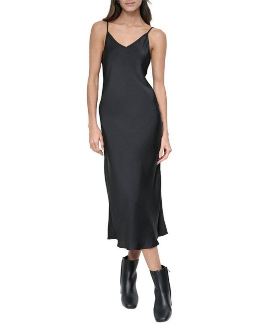 DKNY Black Washer Satin Bias Slip Dress