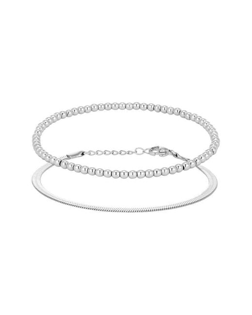 Adornia White Plated Stainless Steel Tarnish-Resistant Herringbone & Beaded Bracelet