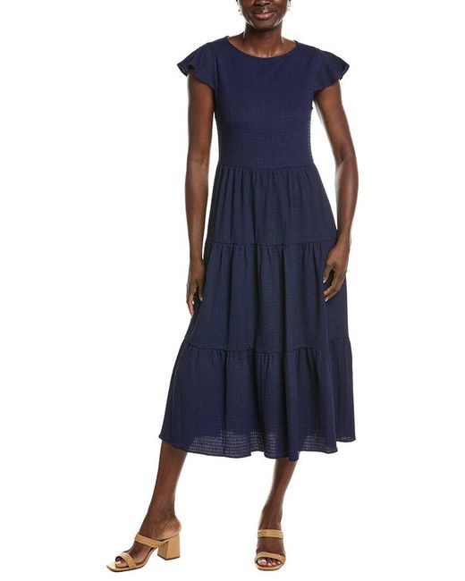 Jones New York Blue Flutter Sleeve Tiered Midi Dress