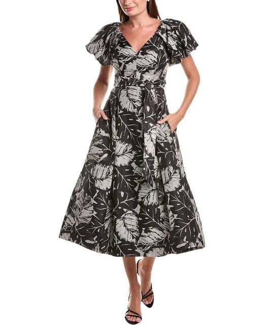 Teri Jon Black V-Neck Puff Sleeve Pleated Silk & Linen-Blend Dress