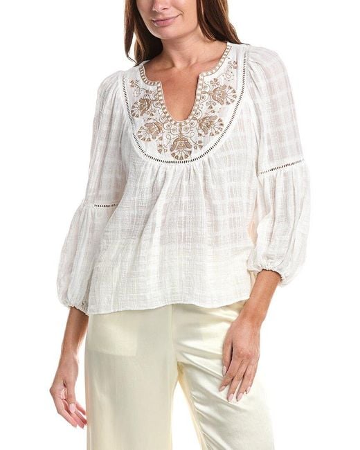 Max Studio White Scoop Neck Cross Stitch Blouse