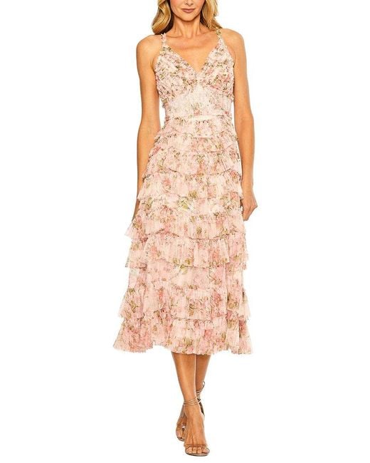 Mac Duggal Pink Sleeveless V-Neck Floral Mesh Ruffle Midi Dress