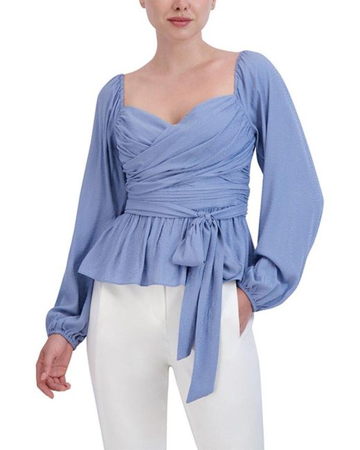 BCBGMAXAZRIA Blue Fitted Peplum Top Off The Shoulder Long Sleeve Sweetheart Neck Smocked Back Bodice Shirt
