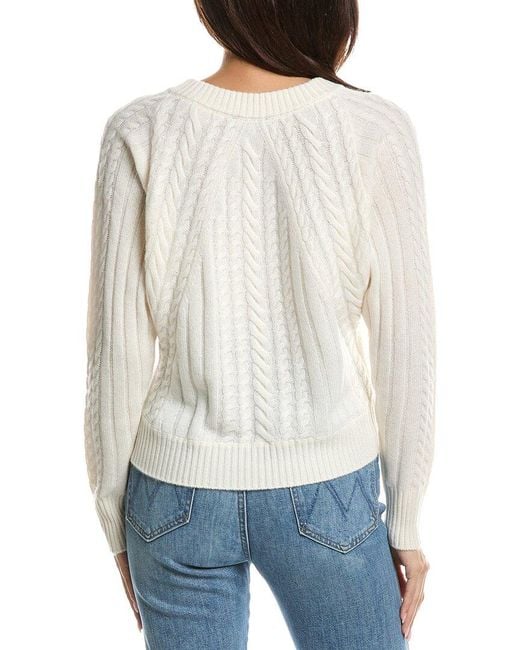 Forte White Diagonal Cable V-Neck Cashmere Sweater
