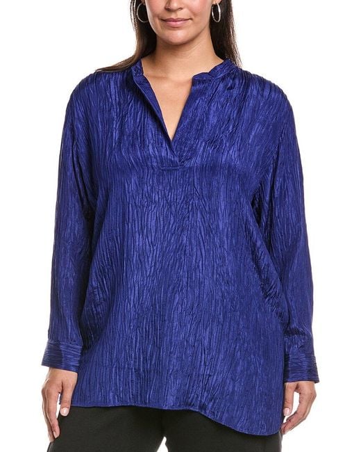 Eileen Fisher Blue Plus Mandarin Collar Silk Tunic
