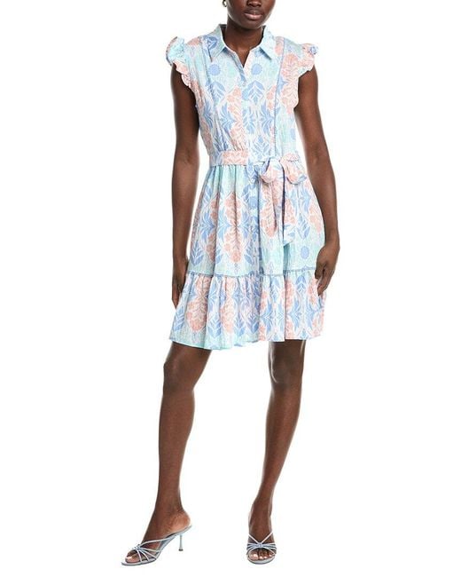 Ellen Tracy Blue Crinkle Belted Ruffle Sleeve Dress