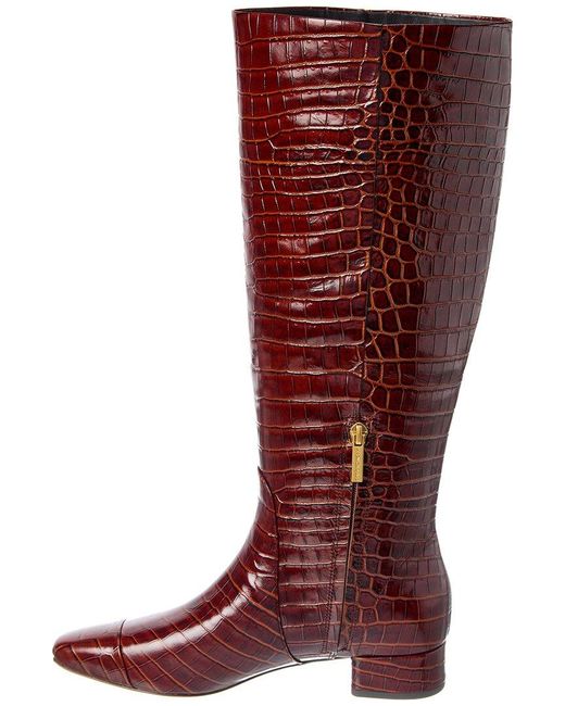 Veronica Beard Red Cecile Wide Calf Croc-Embossed Leather Knee-High Boot