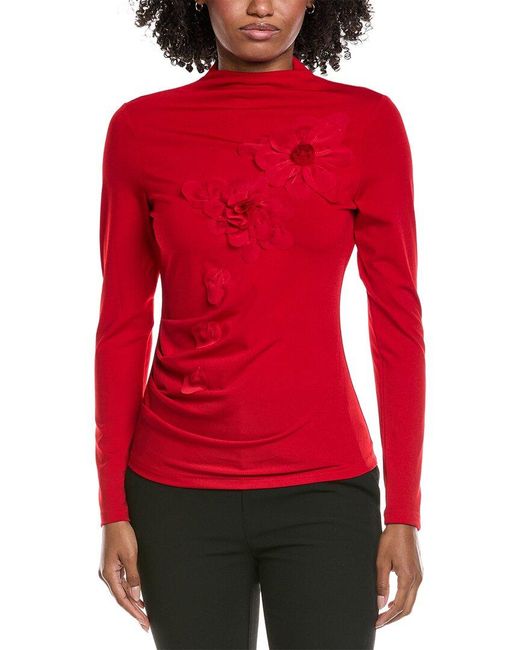 Gracia Red Mock Neck Flower Applique Top