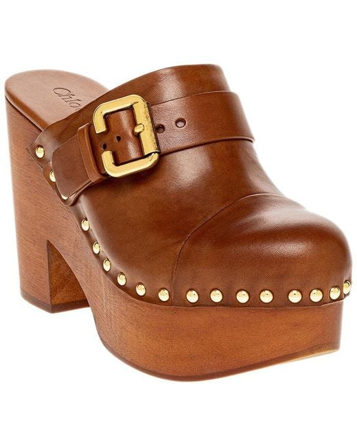 Chloé Brown Jeannette Leather Wedge Clog