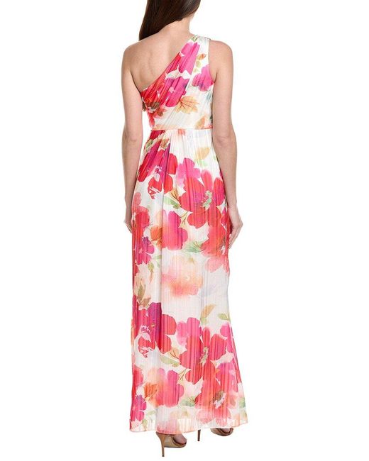 Adrianna Papell Red One-Shoulder Watercolor Floral Stripe Gown