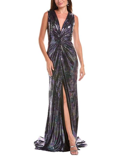Rene Ruiz Purple Twisted Front Sequin Gown