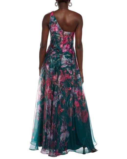 Rene Ruiz Blue One-Shoulder Sheer Overlay Floral Gown