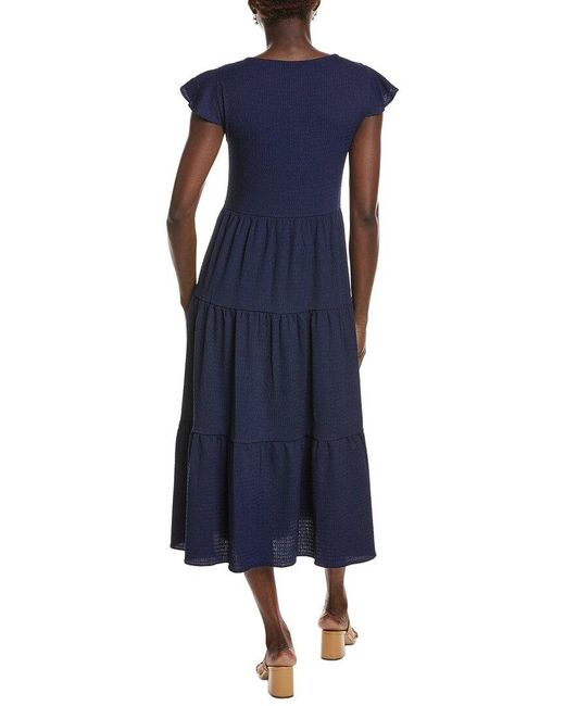 Jones New York Blue Flutter Sleeve Tiered Midi Dress