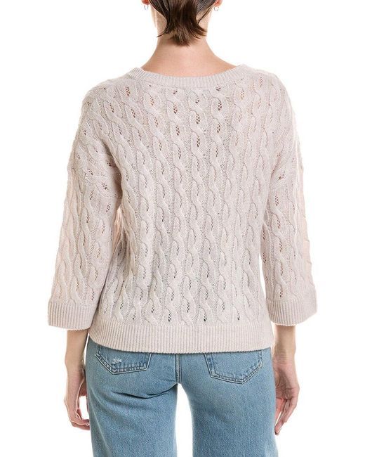 Forte White 3/4-Sleeve Pointelle Cable Crewneck Cashmere Sweater