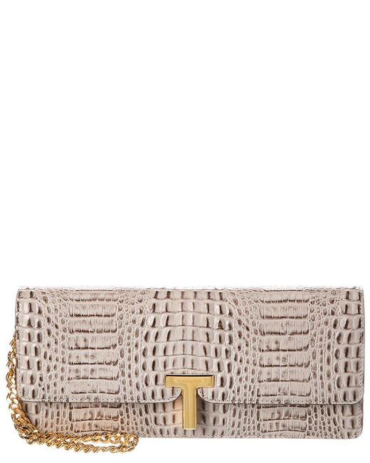 Tom Ford Gray T Plaque Reptile-Embossed Leather Wallet On Chain