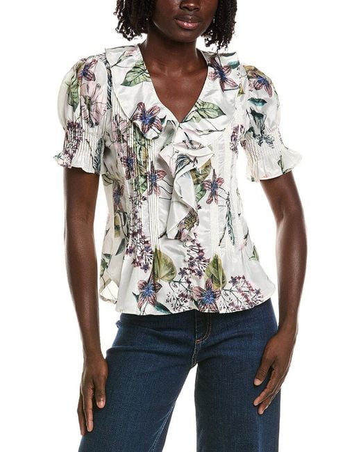Tahari White Short Gathered Sleeve Ruffle Top
