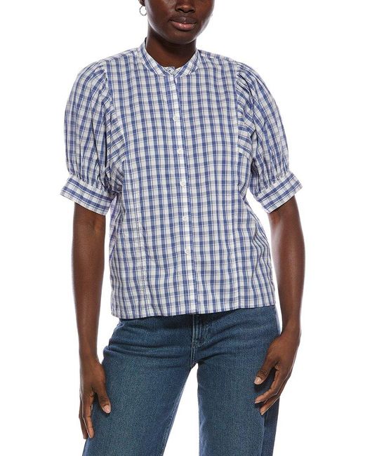 Madewell Blue Puff Sleeve Band Collar Shirt