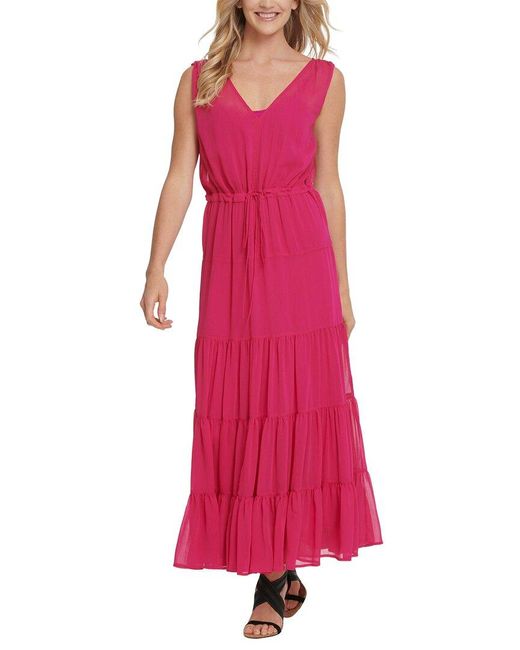 DKNY Pink V-Neck Drawstring Dress