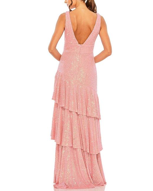 Mac Duggal Pink Sequin Asymmetrical Ruffle Tiered Gown
