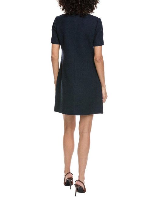 Oscar de la Renta Blue Floral Detail Tweed Silk-Lined Wool-Blend Shift Dress