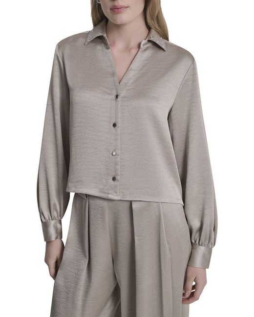 DKNY Gray Stud Collar Y-Neck Shirt
