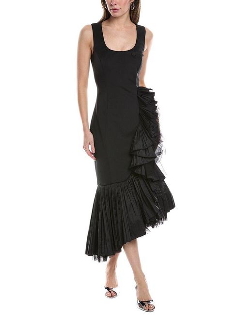 Badgley Mischka Black Pleated Flounce Midi Dress