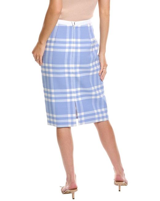 Oscar de la Renta Blue Large Check Wool-blend Pencil Skirt