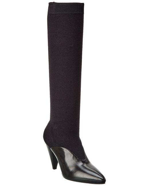 Prada Logo Knit & Leather Pointy-toe Knee-high Boot in Black | Lyst