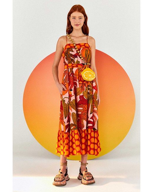 Farm Rio Orange Summer Dream Linen-blend Maxi Dress