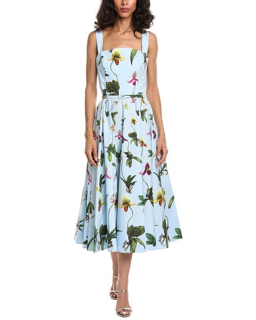 Oscar de la Renta Blue Orchids Poplin Dress