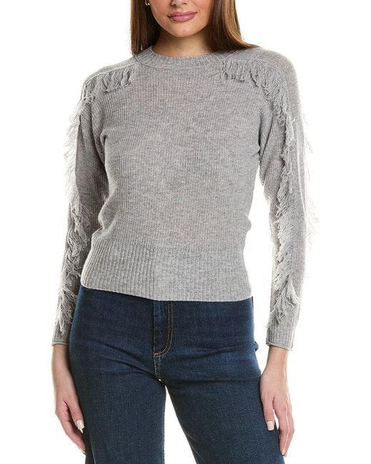 Hannah Rose Gray Fringe Sleeve Wool & Cashmere-Blend Sweater