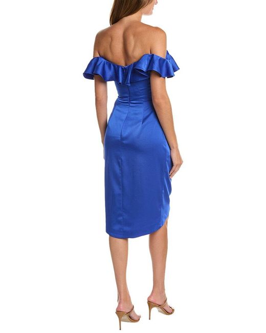 THEIA Blue Off-the-shoulder Satin Midi Dress