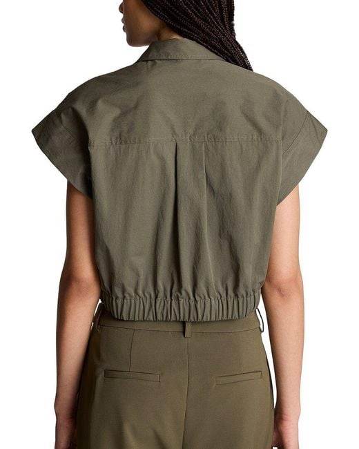 Kenneth Cole Green Cropped Y Neck Button Front Blouse